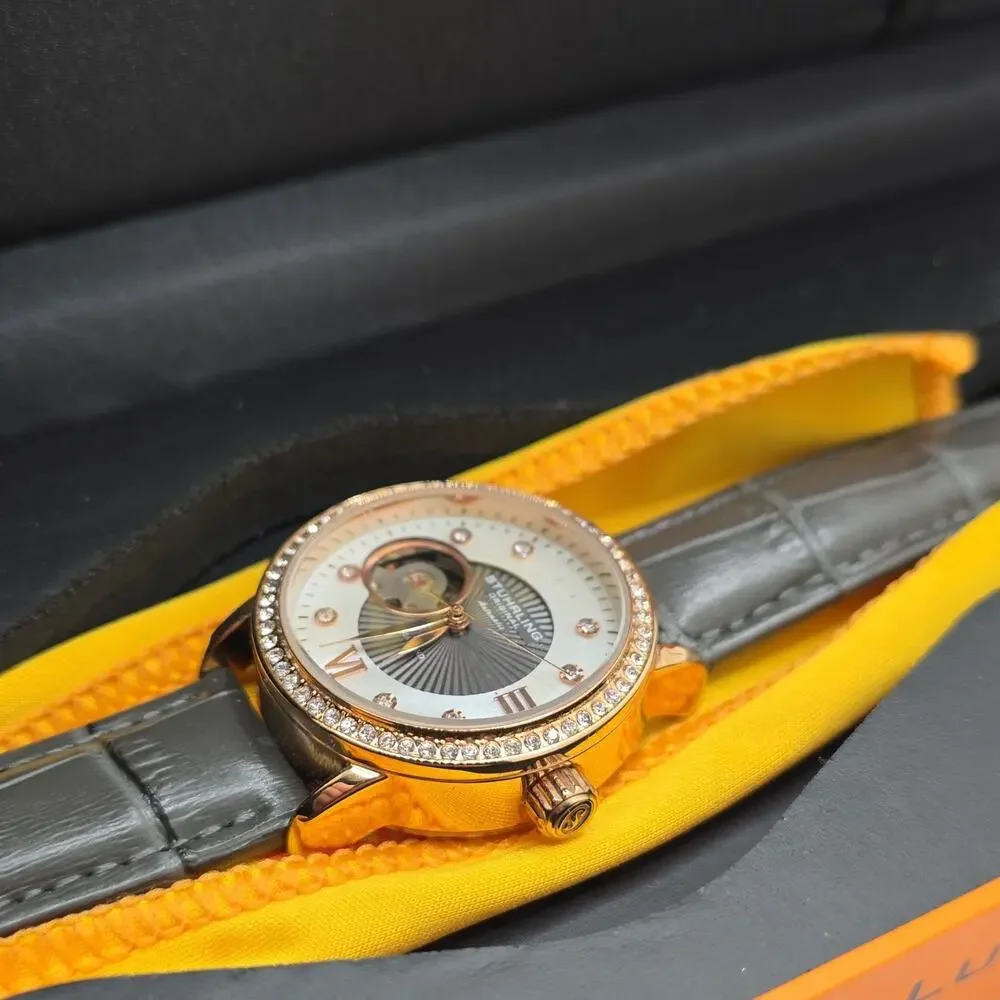 Stührling Original Women’s Automatic Analog Watch Rose Gold Gray Leather w/ Box